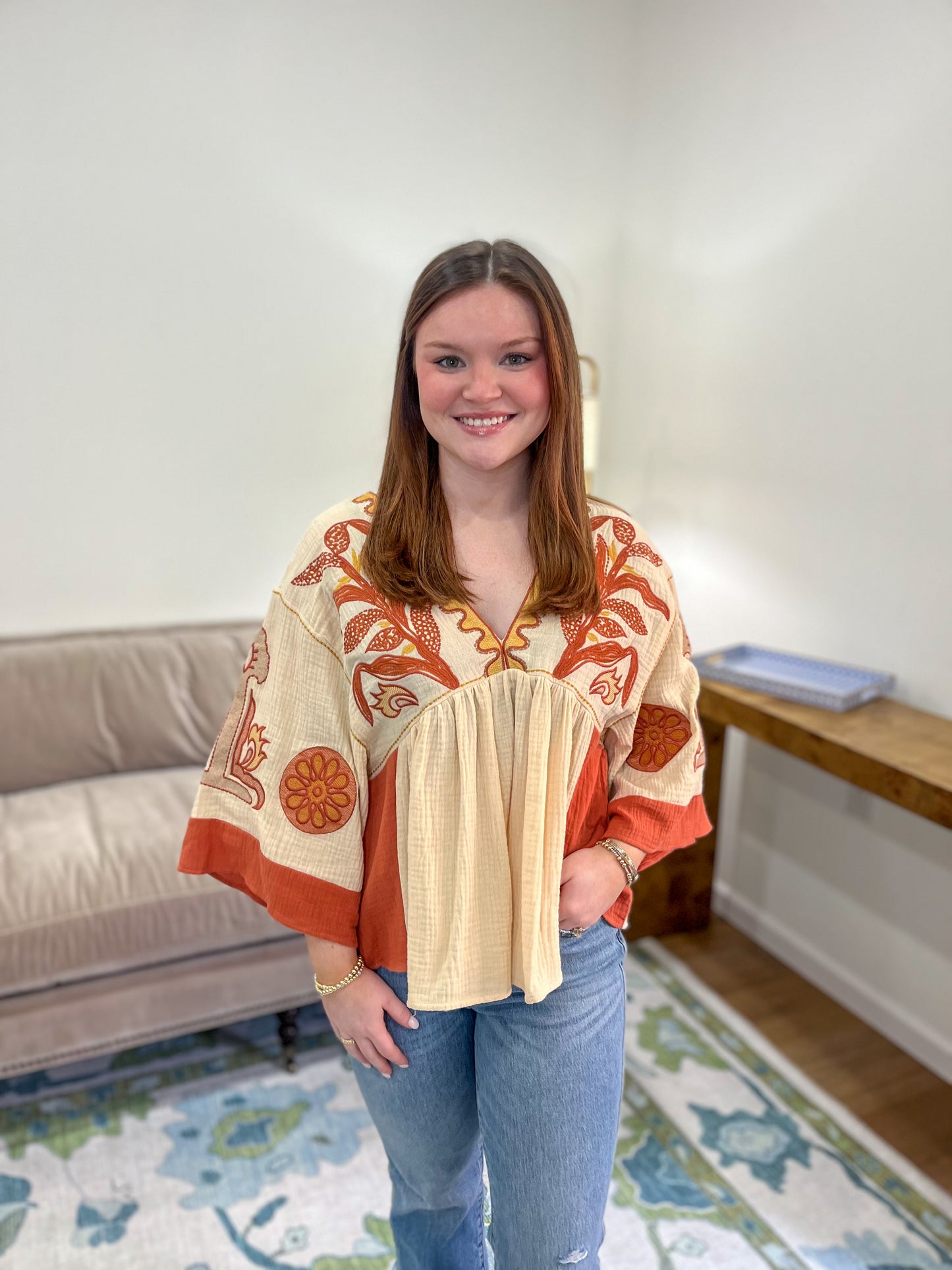 Taylor Embroidered Top in Brick