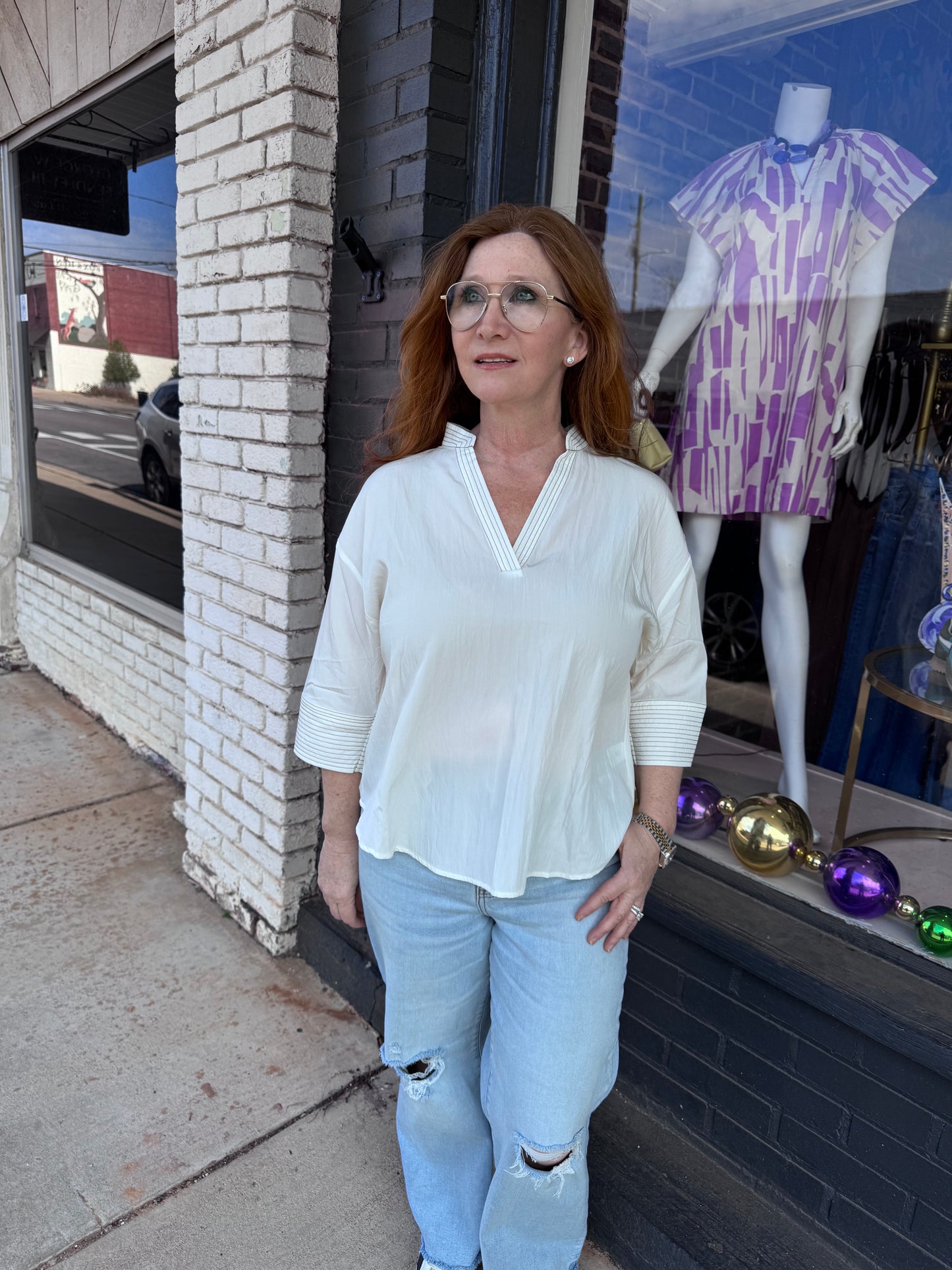 Contrast Stitch Popover Blouse