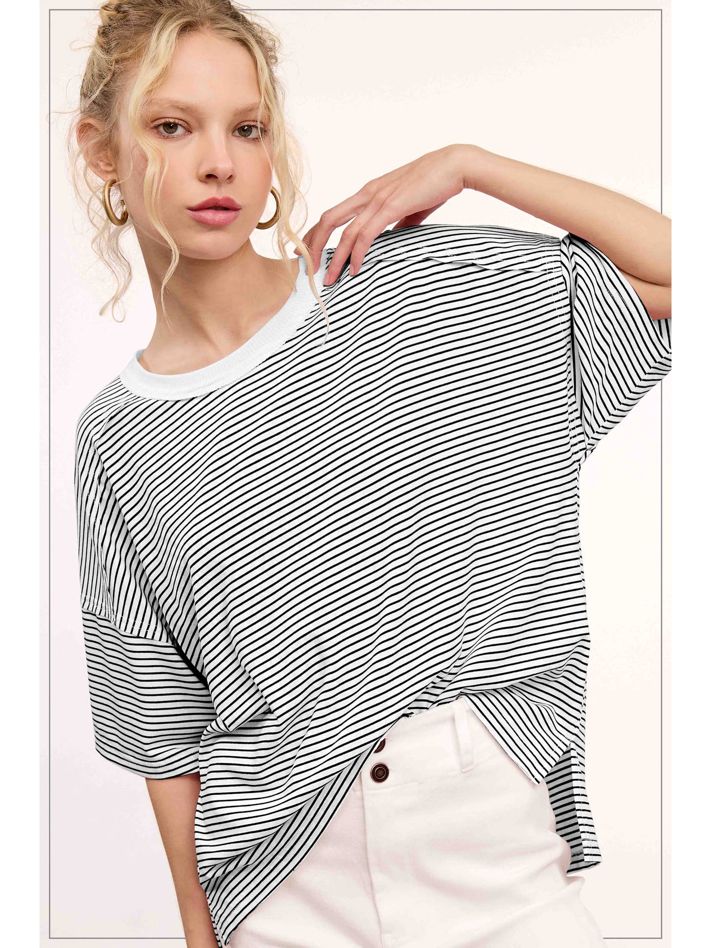 Basic Striped Drop Shoulder Short Sleeve Top