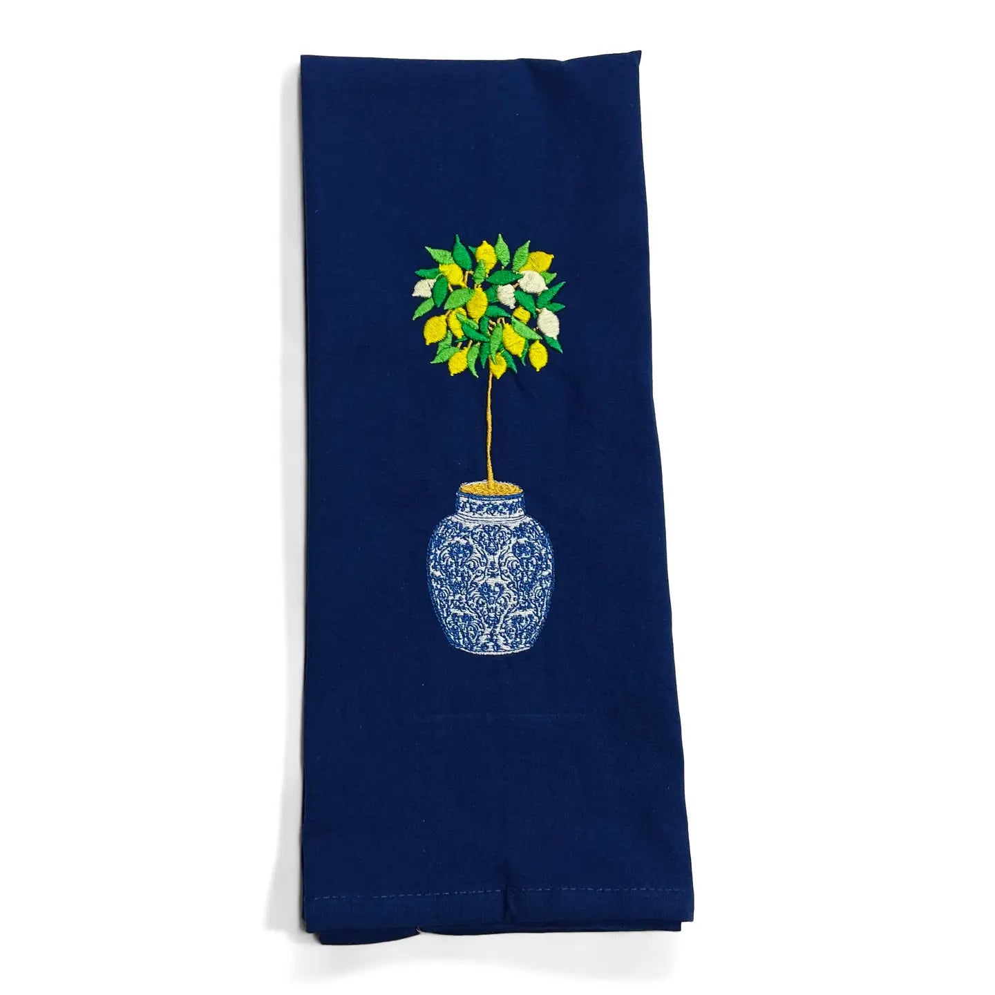 Tea Towel - Lemon Tree in Blue and White Planter Pot On Navy