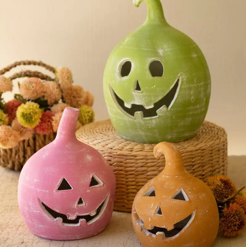 Set of Three Colorful Clay Jack-O-Lanterns