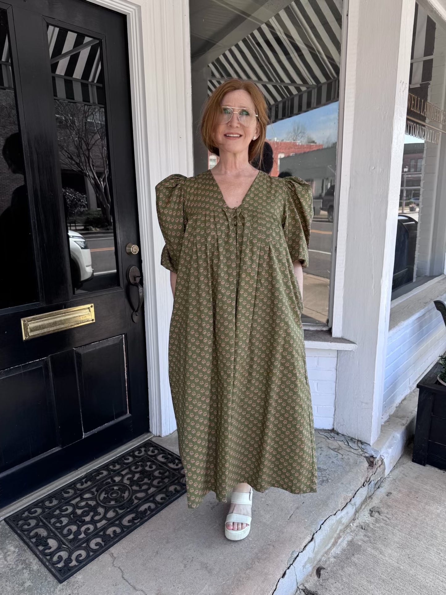 Poplin Puff Sleeve Midi Dress: Olive