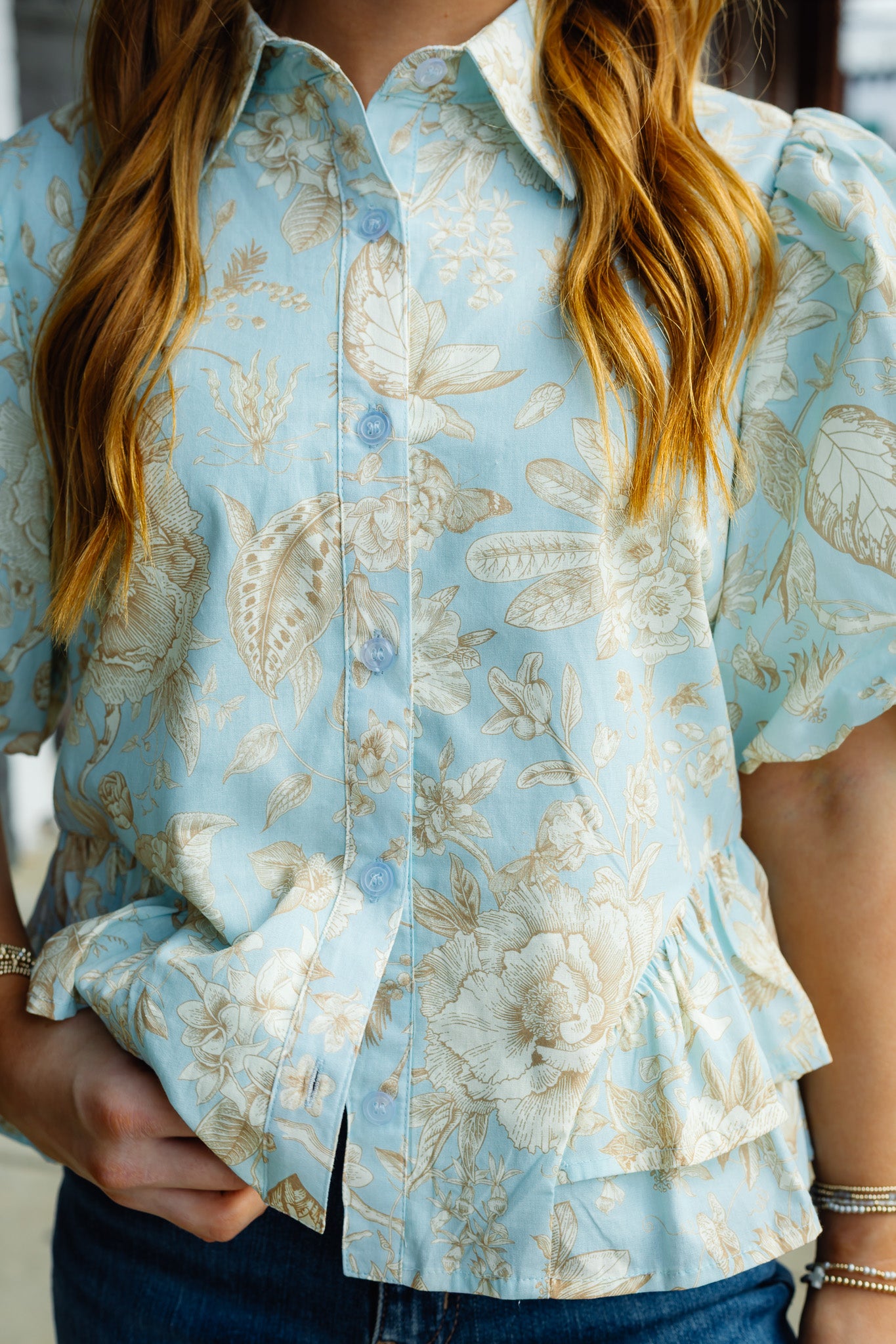 Floral Print Puff Sleeve Peplum Top
