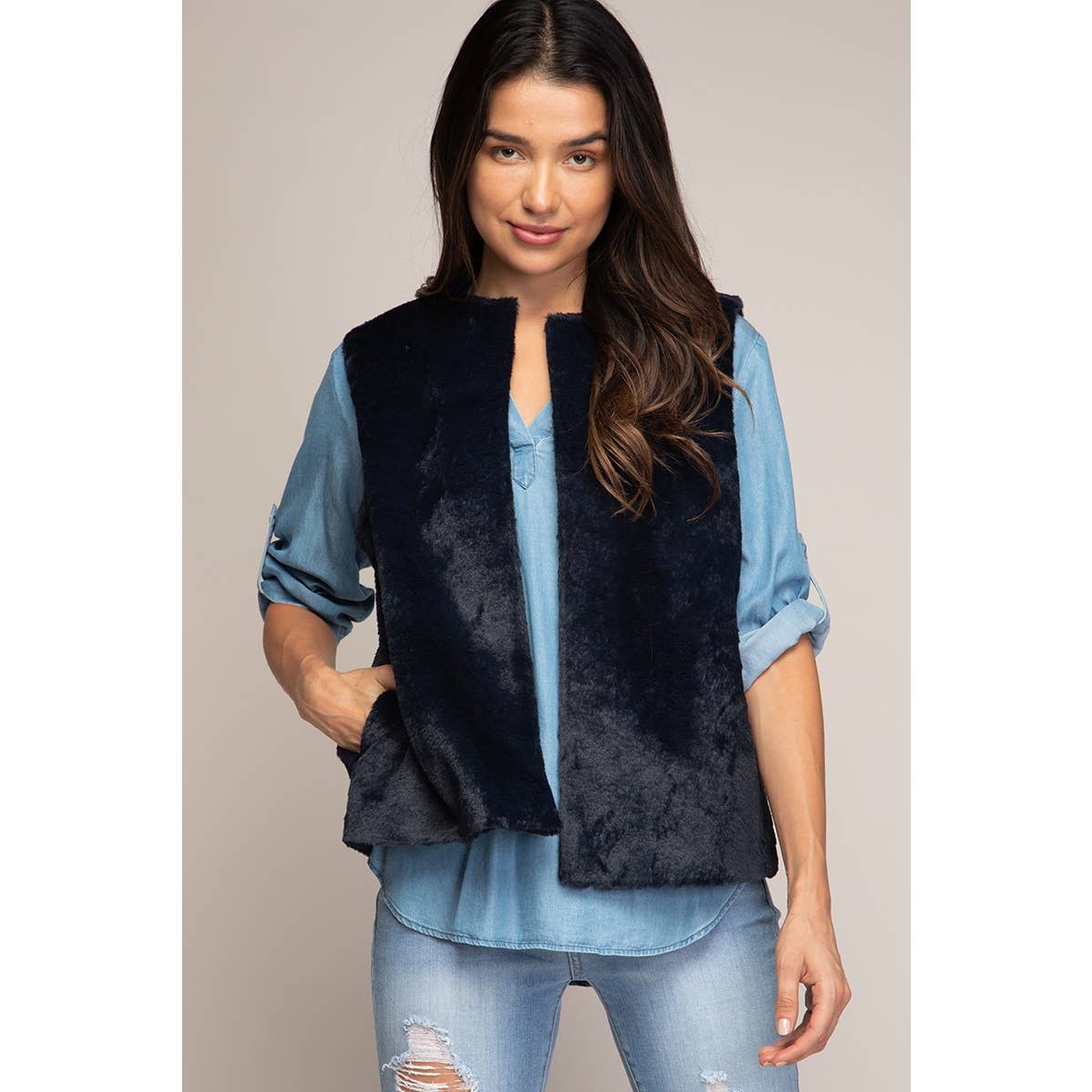 Kristen Faux Fur Vest in Navy