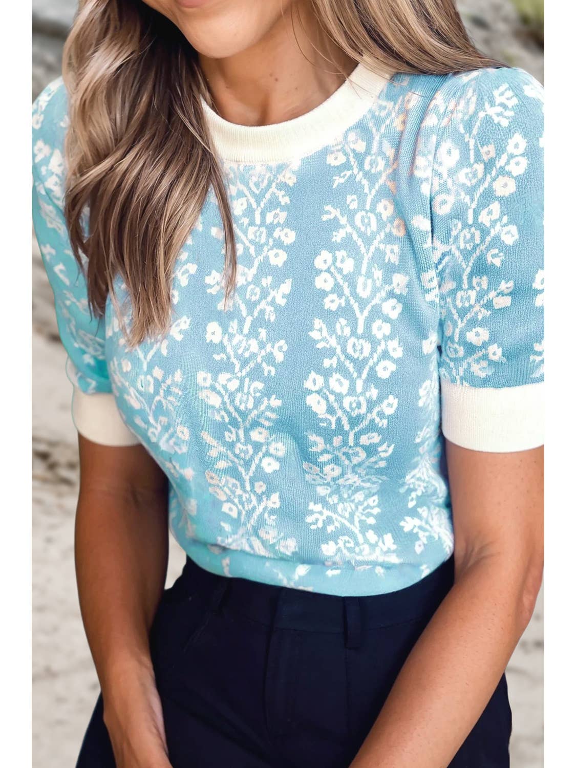 Contrast Floral Crewneck Short Sleeve Sweater