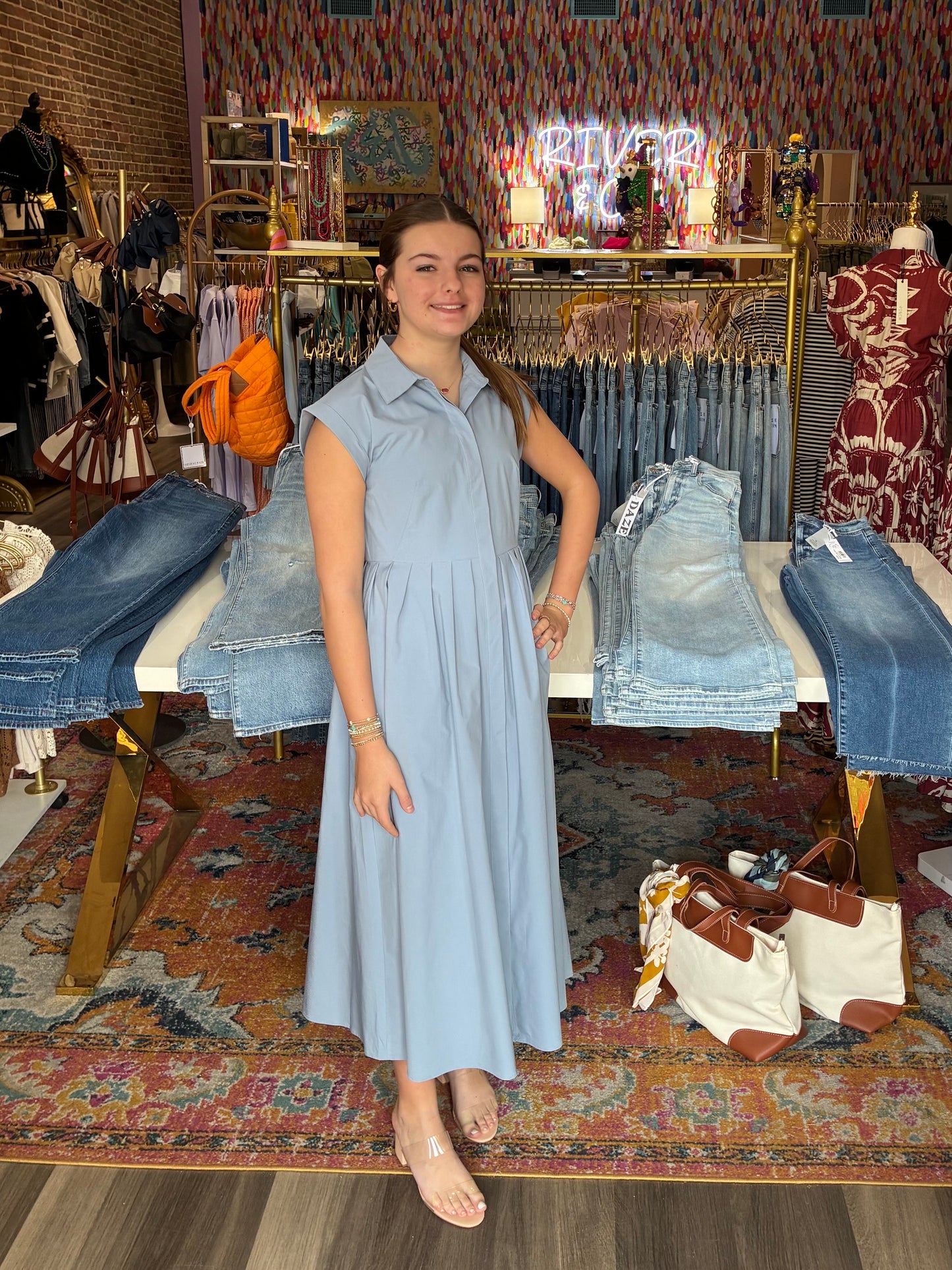 Maxi Taffeta Pleated Shirtdress Dusty Blue