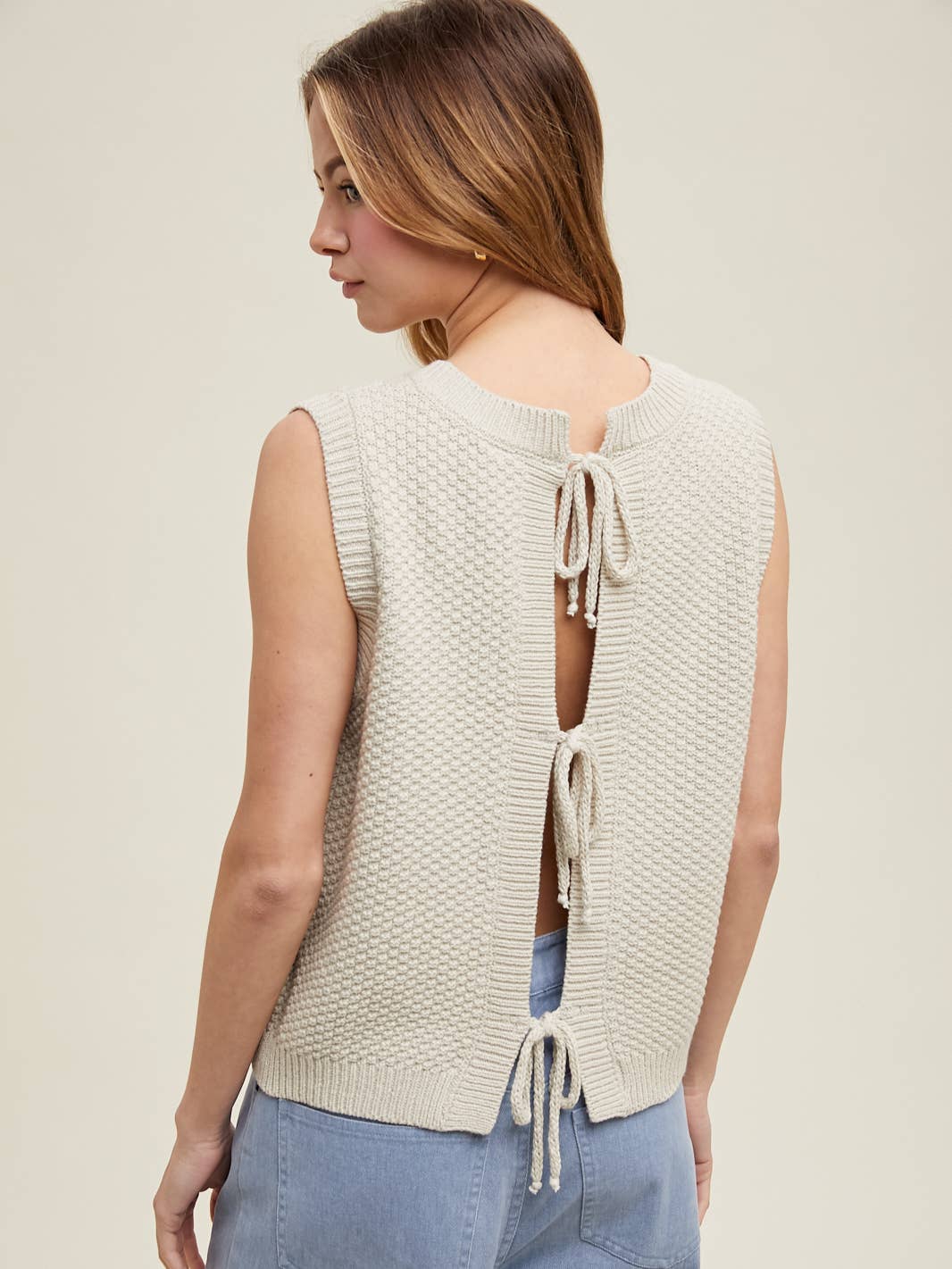 Textured Self Back Ties Sweater Vest