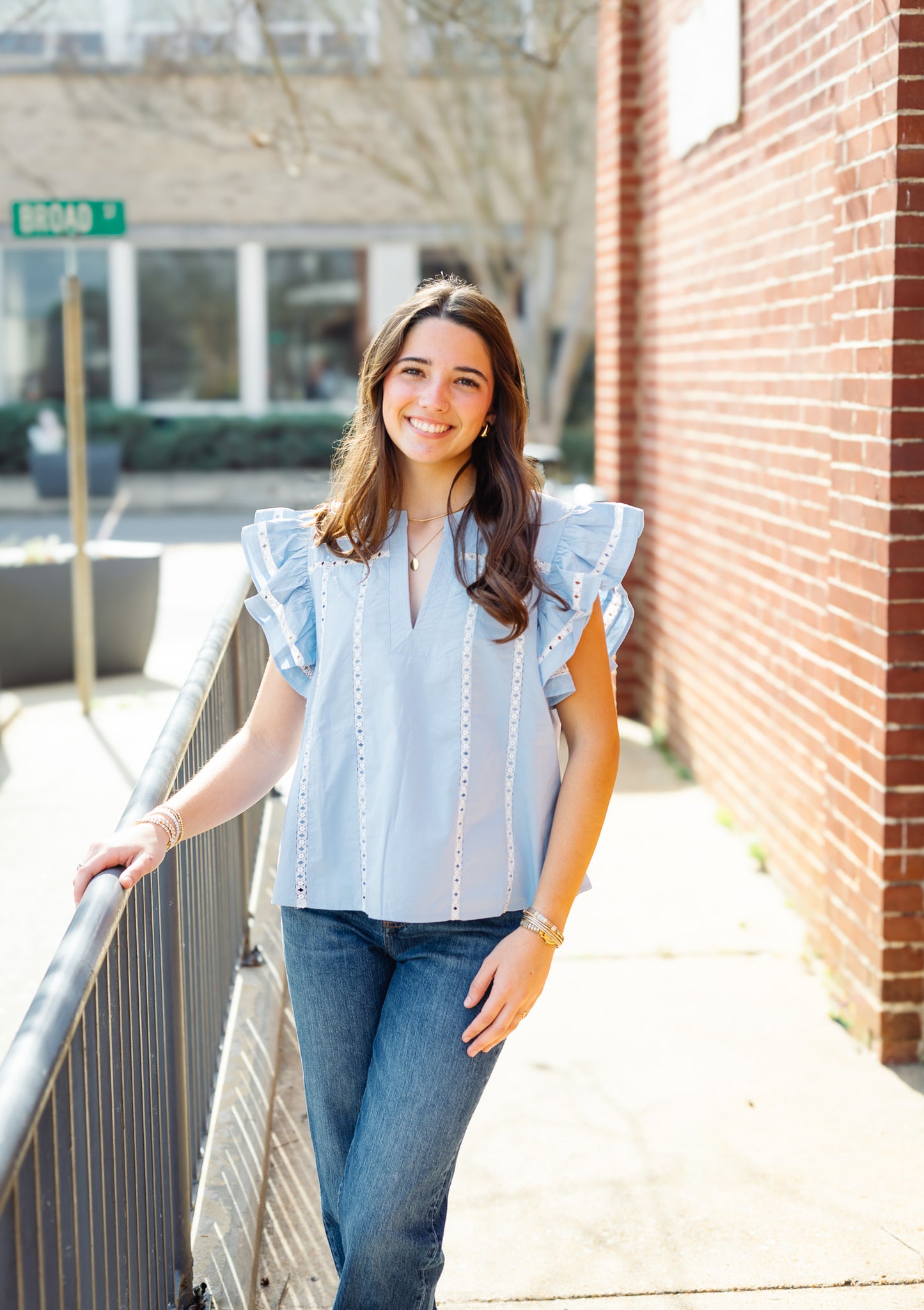 Lace Trim Poplin Top: Chambray