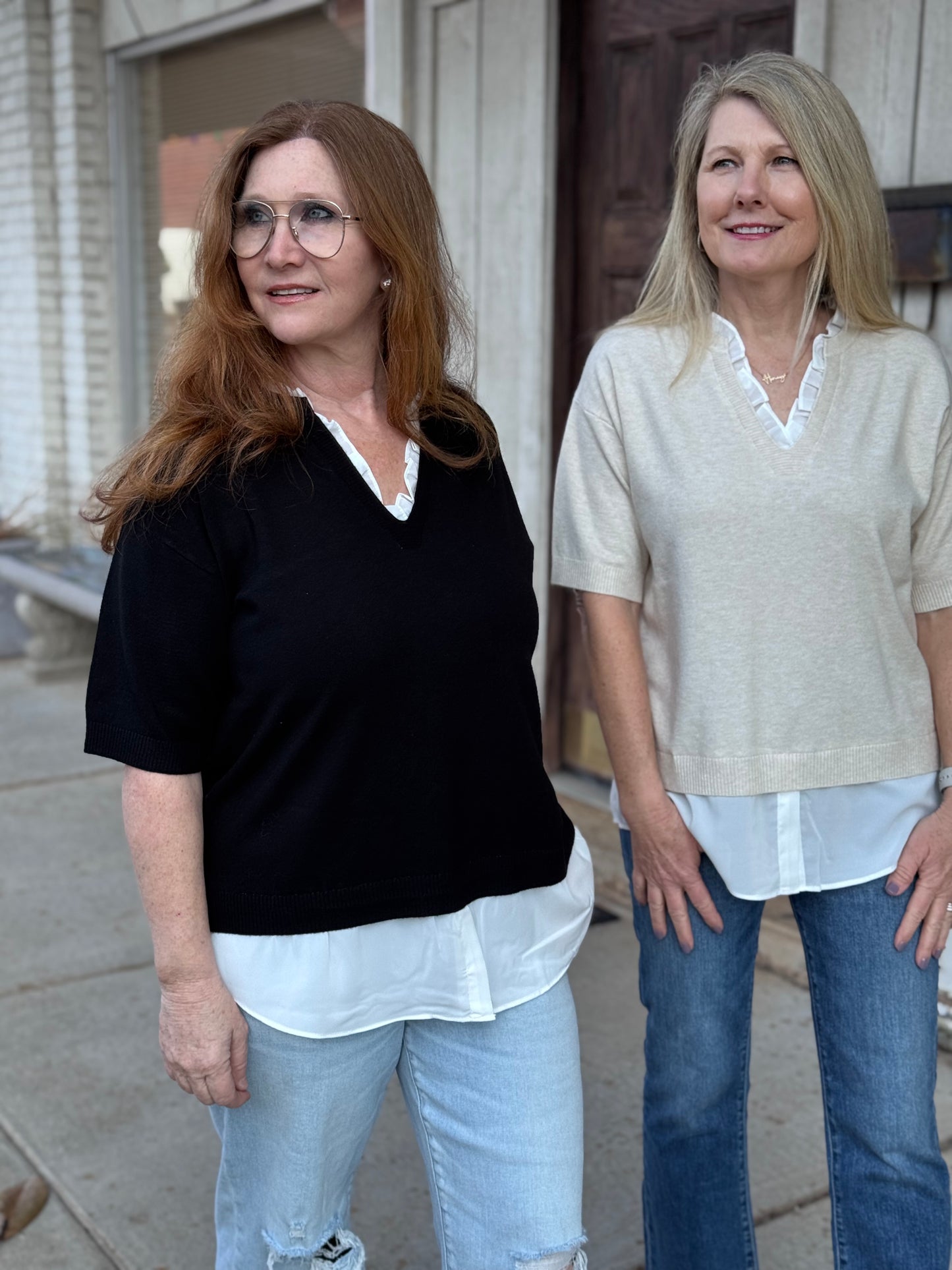 Mixed Media Layered Knit Top in Oatmeal
