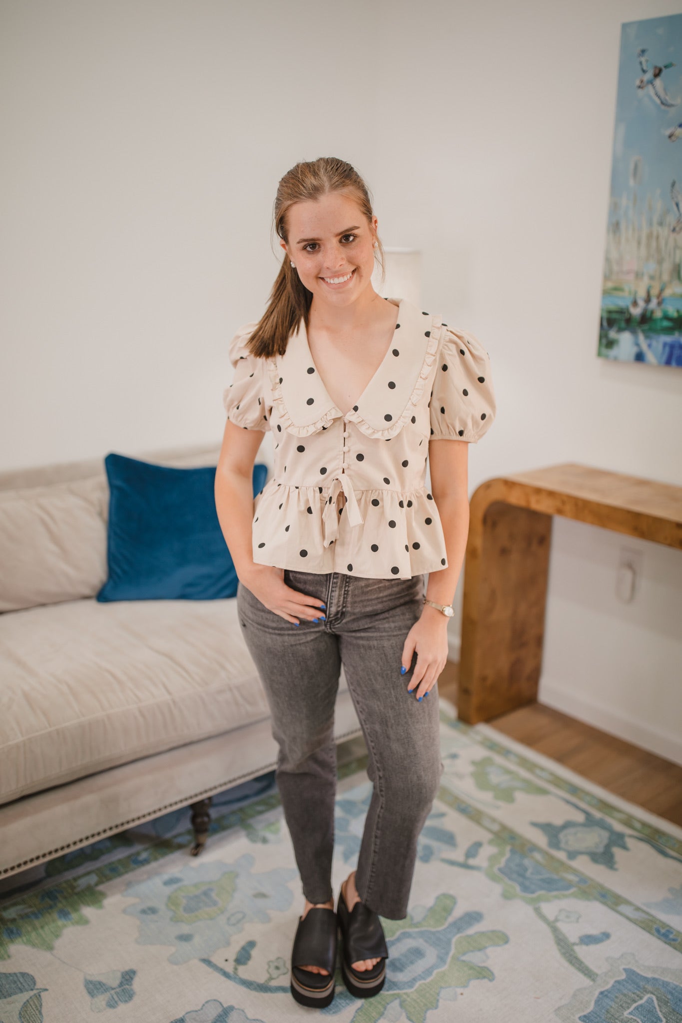 Helen Polka Dot Top in Beige