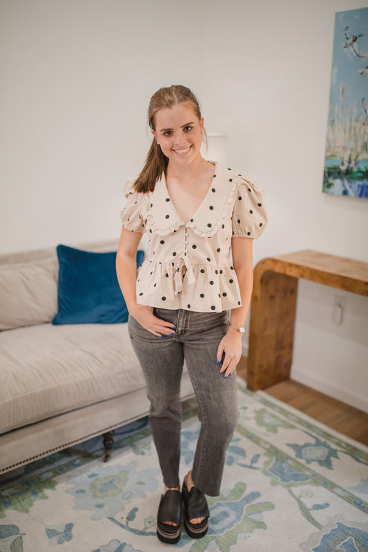 Helen Polka Dot Top in Beige