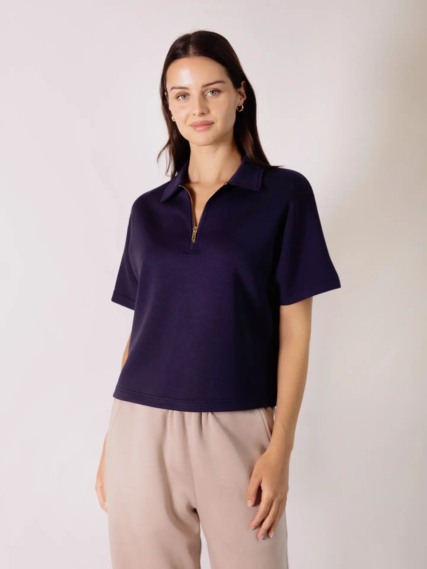 P. CILL Butter Modal Short Sleeve Quarter Zip Top in Navy
