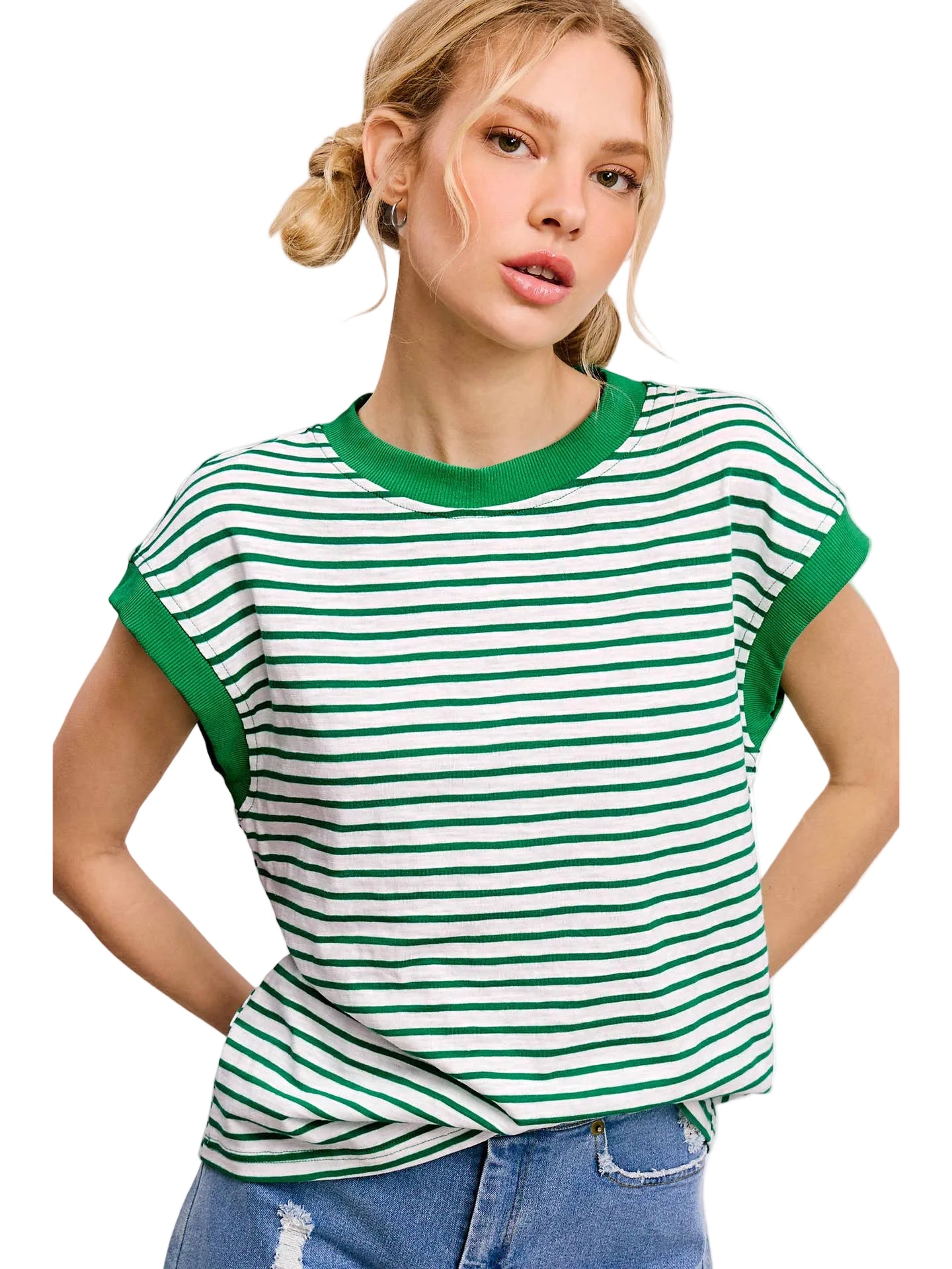 Cap Sleeve Striped Top in Apple Green