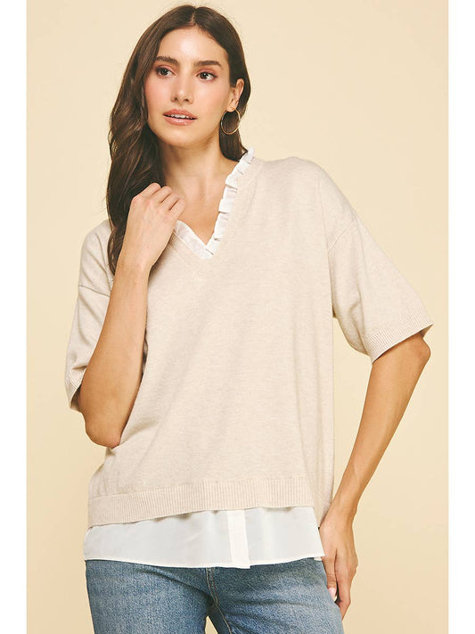 Mixed Media Layered Knit Top in Oatmeal
