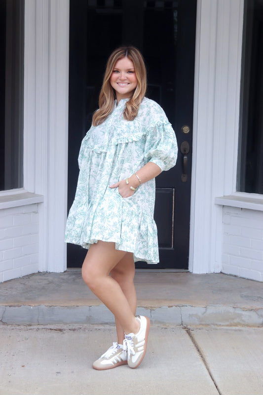 Caroline Printed Mini Dress in Green & White