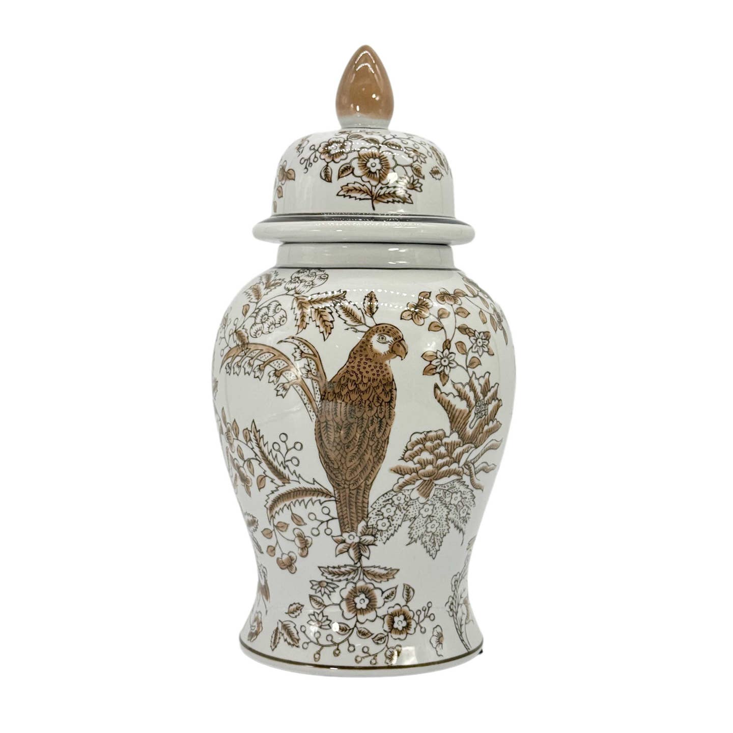 Brown & White Parrot Chinoiserie Jar 14"