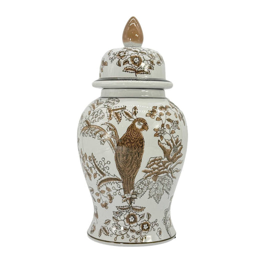 Brown & White Parrot Chinoiserie Jar 14"