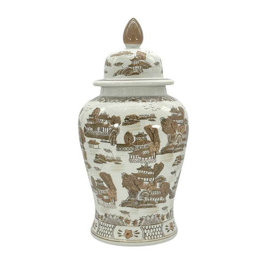 Brown & White Chinoiserie Jar 25"