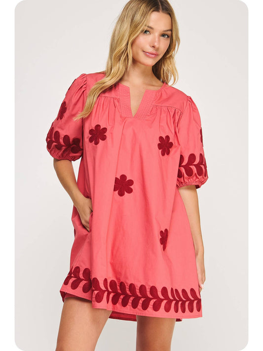 Flower Embroidery Mini Dress: Mauve