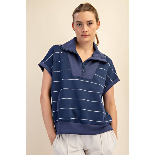 Brynn Quarter Zip Top in Navy Stripe