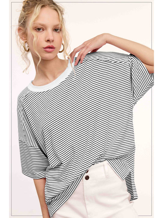 Basic Striped Drop Shoulder Short Sleeve Top