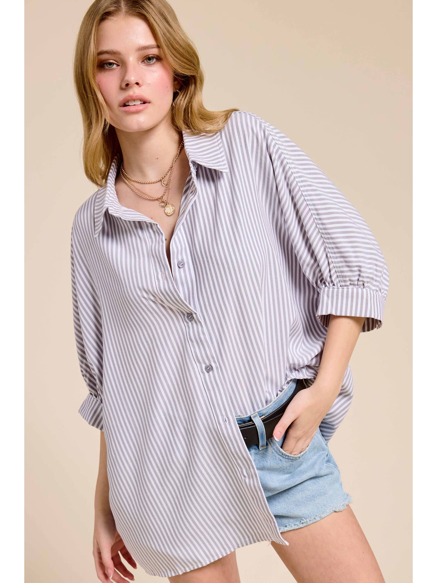 Silver Relaxed Striped Button-Down in Silver