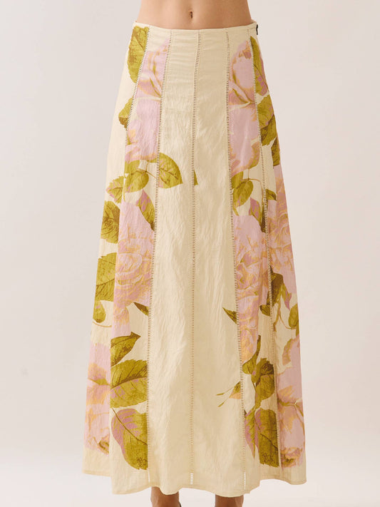 Floral Print Ladder Trim Maxi Skirt