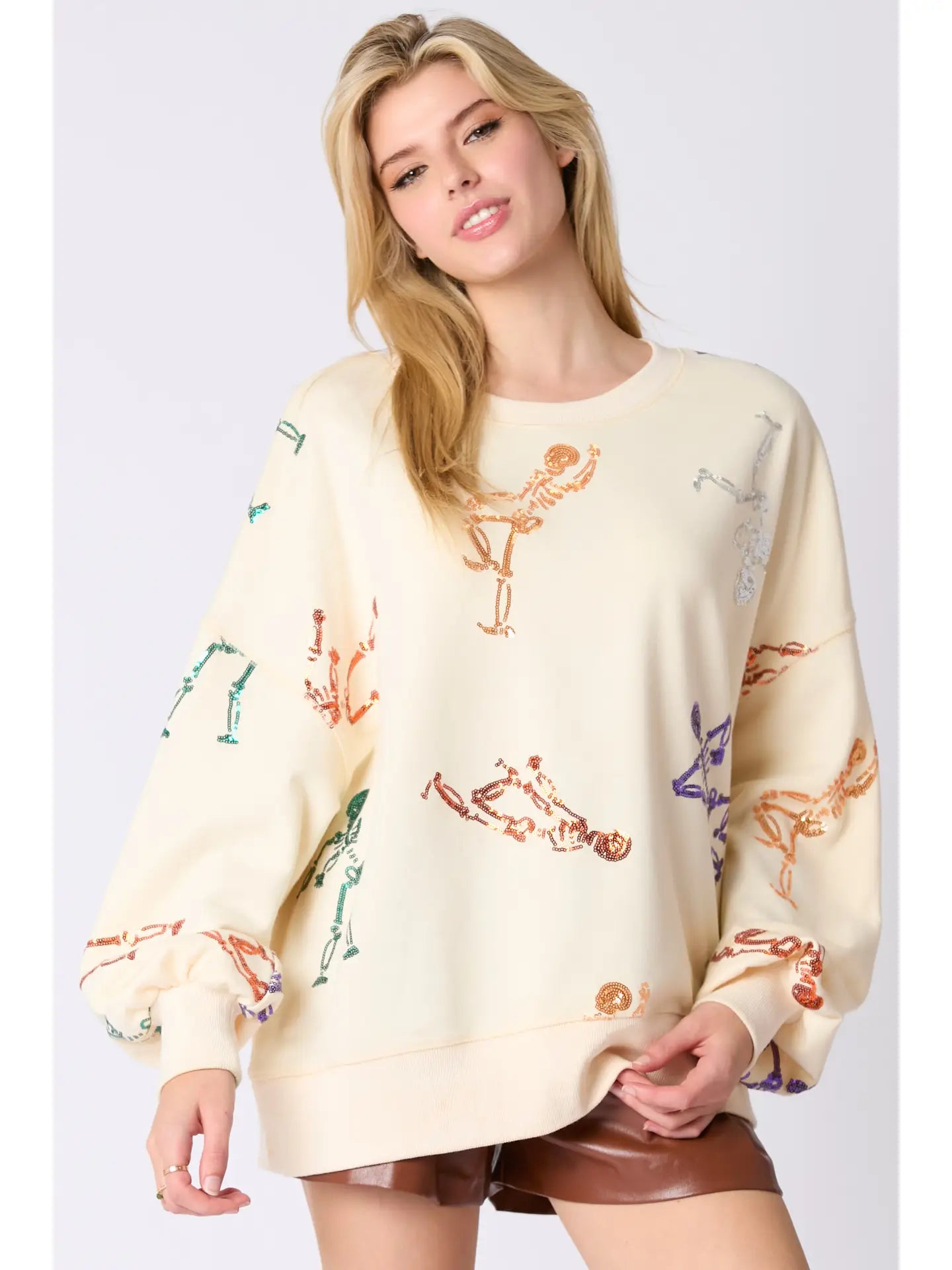 Sequin Skeleton Sweatshirt in Cream