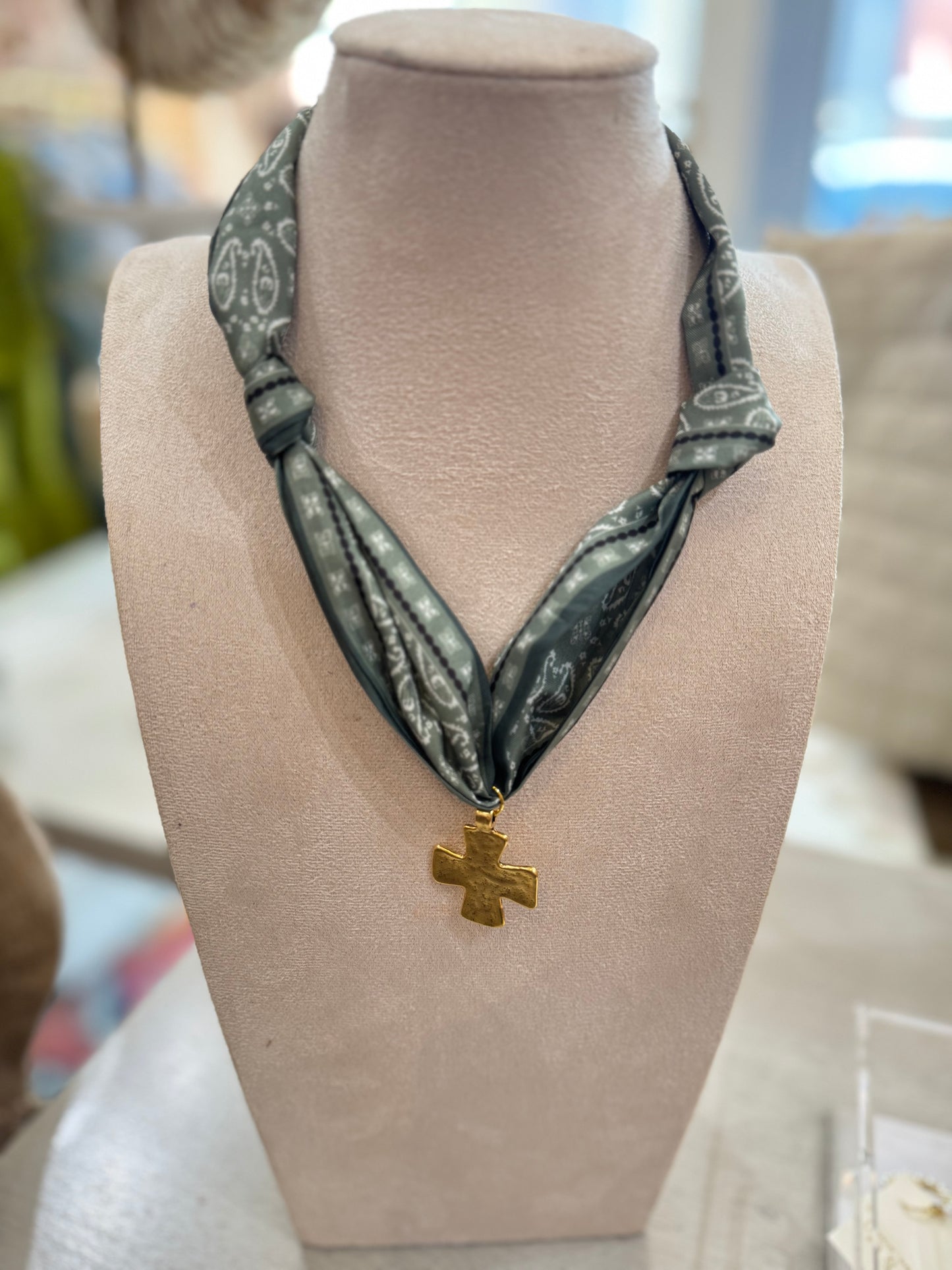 Cross Scarf Necklace in Green