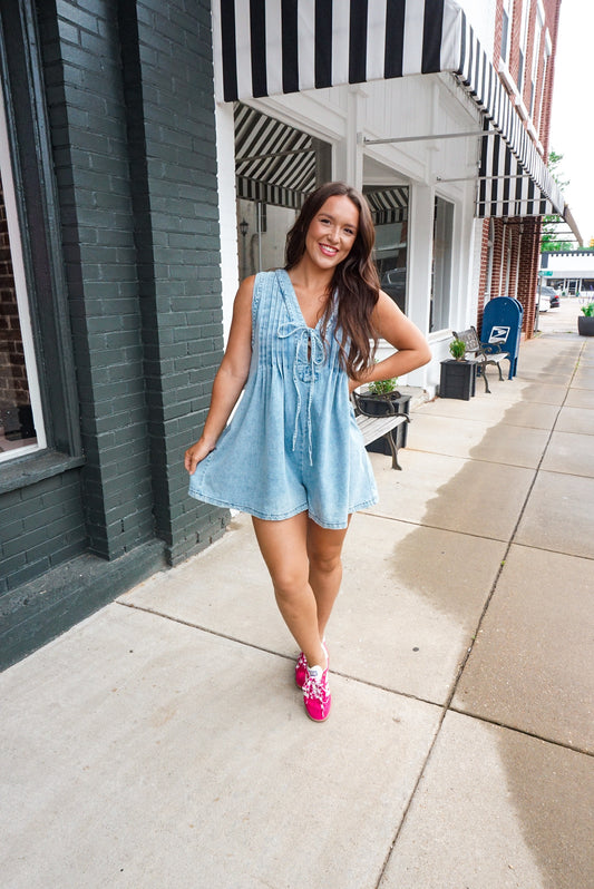 Elsie Romper in Washed Denim