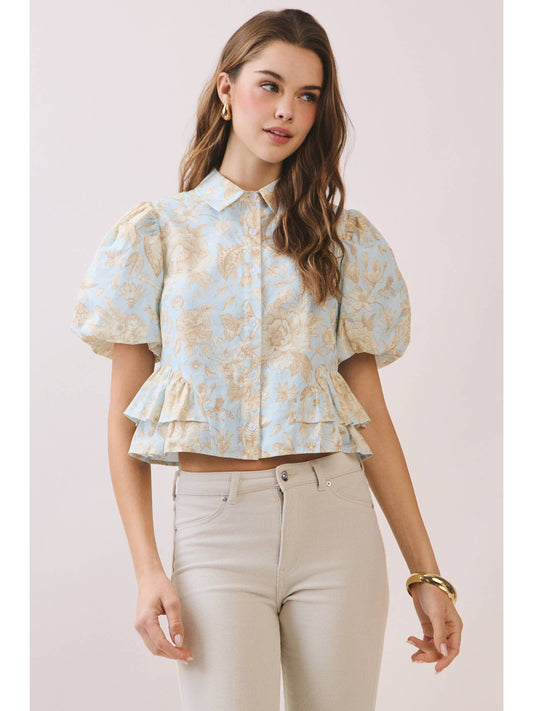 Floral Print Puff Sleeve Peplum Top