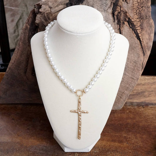 Primitive Cross & Pearl Necklace