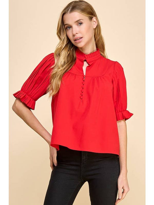 Pleated Mock Neck Top in Red