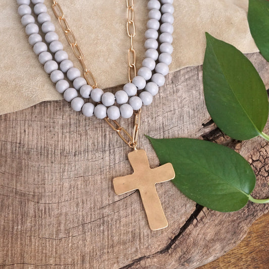 Grey Stranded Wooden Bead Necklace
