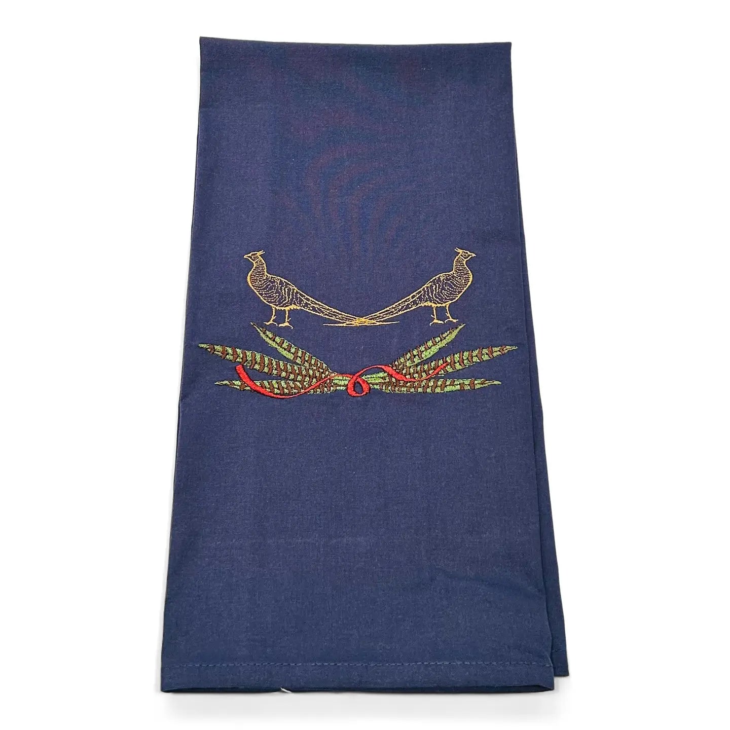 Tea Towel - Pair of Pheasants with Ribbon On Navy