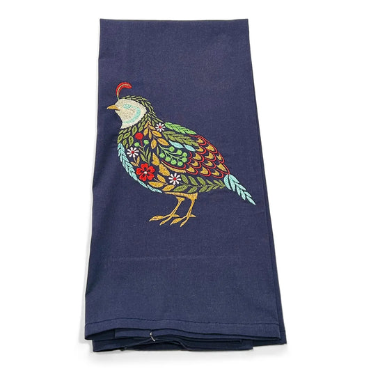 Tea Towel - Floral Quail On Navy