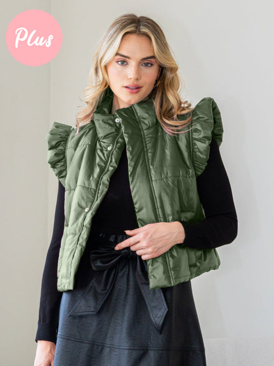 Ruffle Puffer Vest in Forrest Green