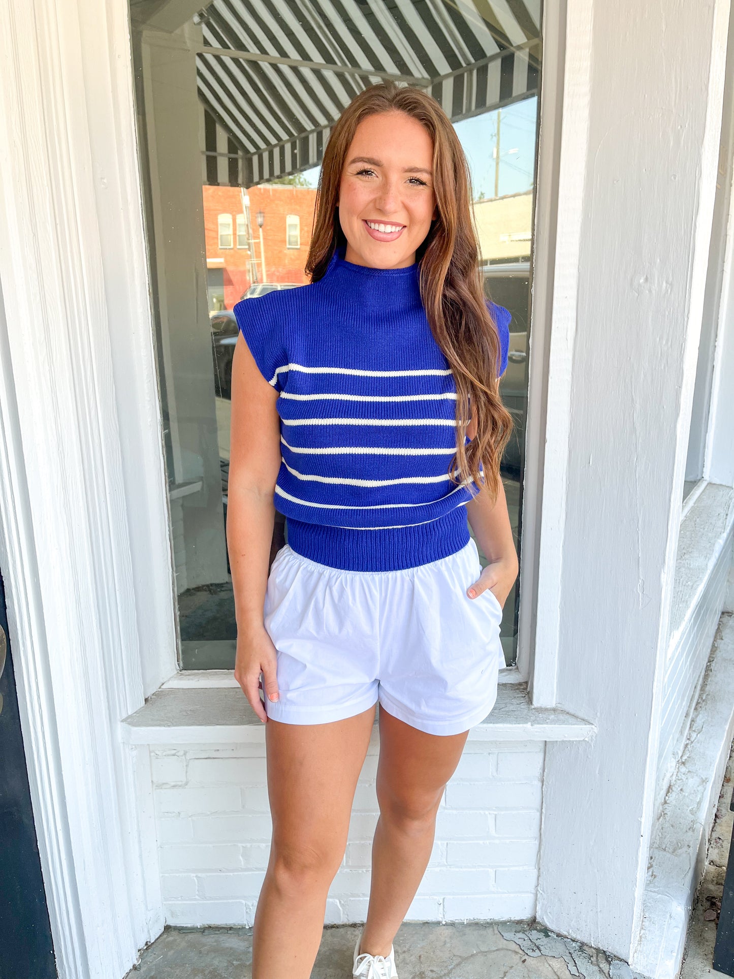 Rachel Sleeveless Sweater in Royal Blue Stripe