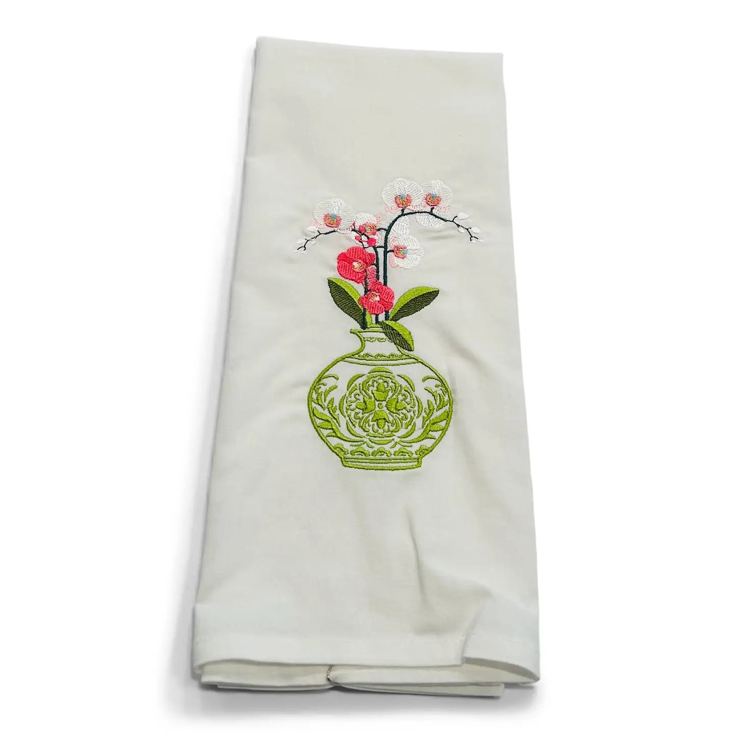 Tea Towel - Green-And-White Jar with Orchid