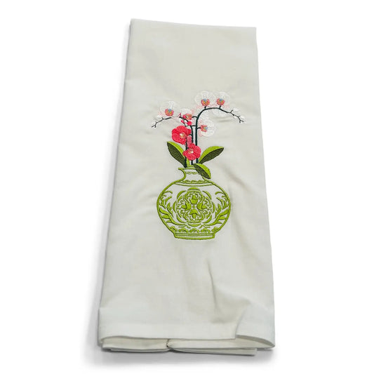 Tea Towel - Green-And-White Jar with Orchid