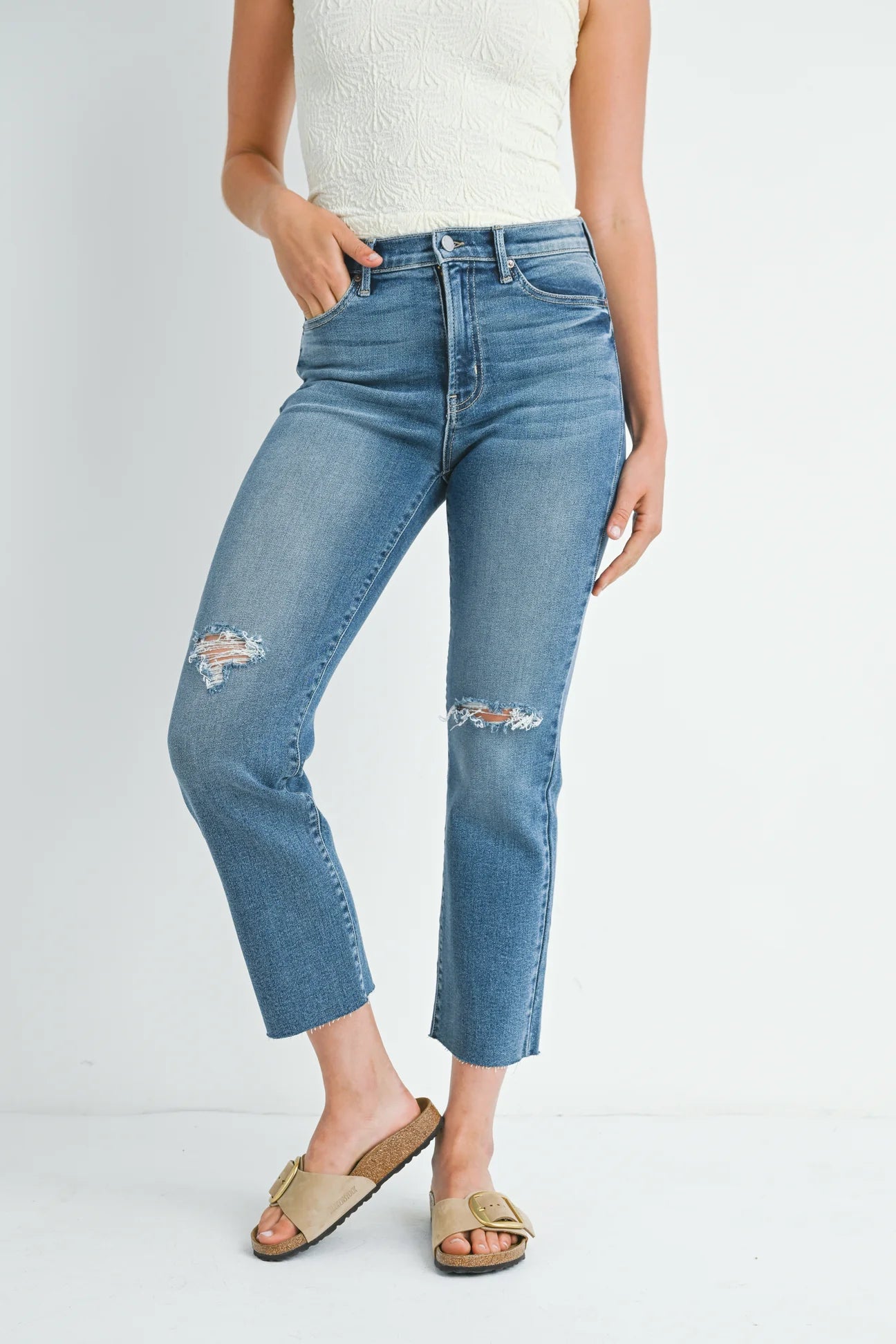 Distressed Slim Straight Jeans in Light Denim