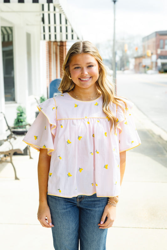 Lemon Embroidered Top