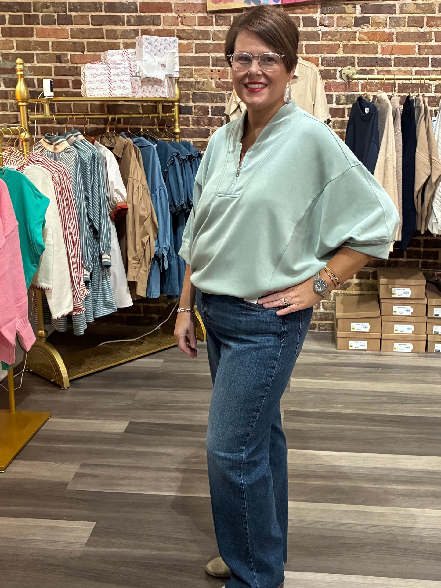 Erin Quarter Zip Top in Sage