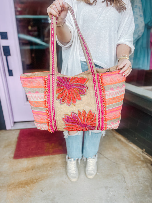 Poppy Floral Beaded Tote