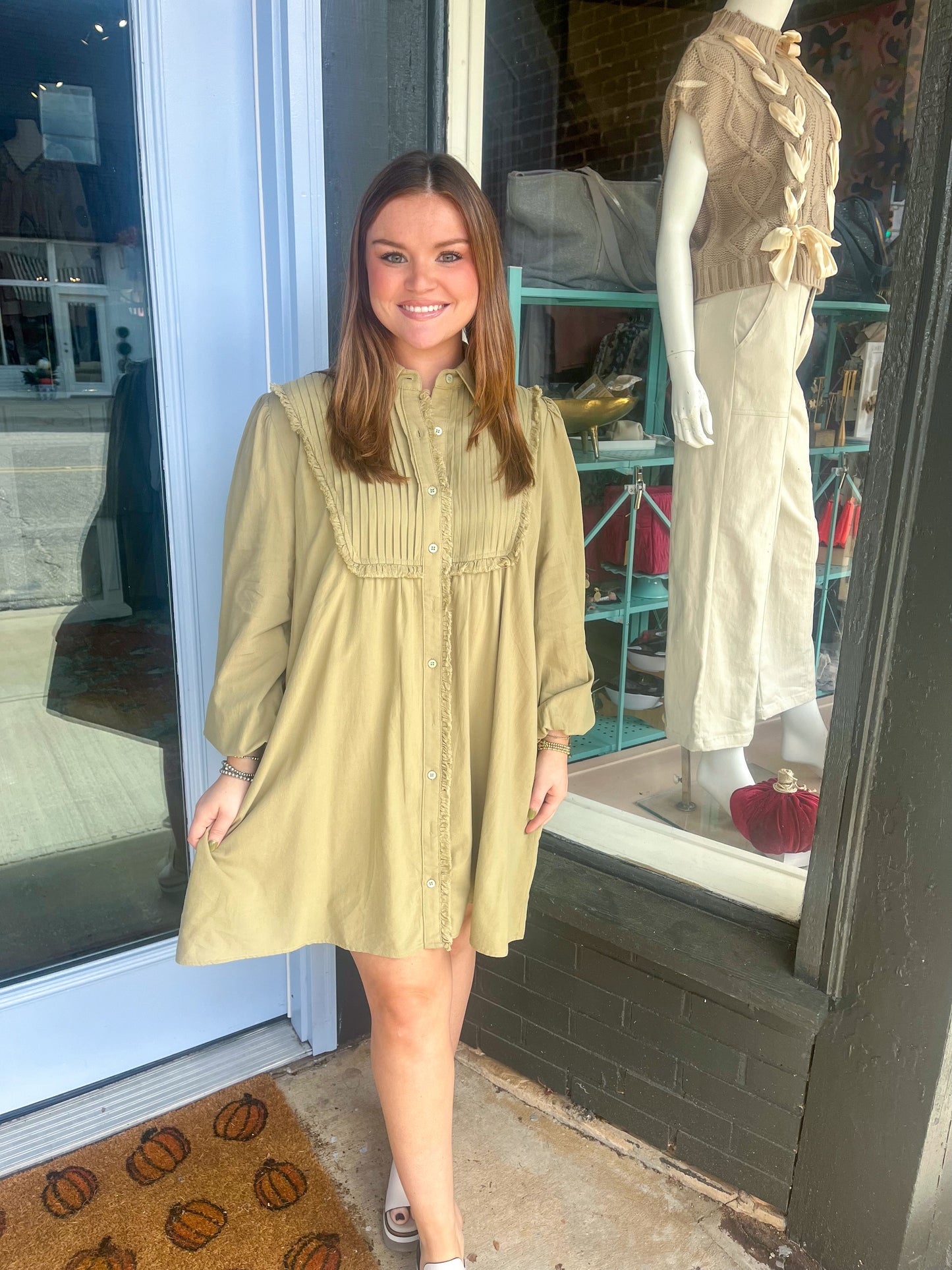 Elizabeth Button Down Dress in Light Olive