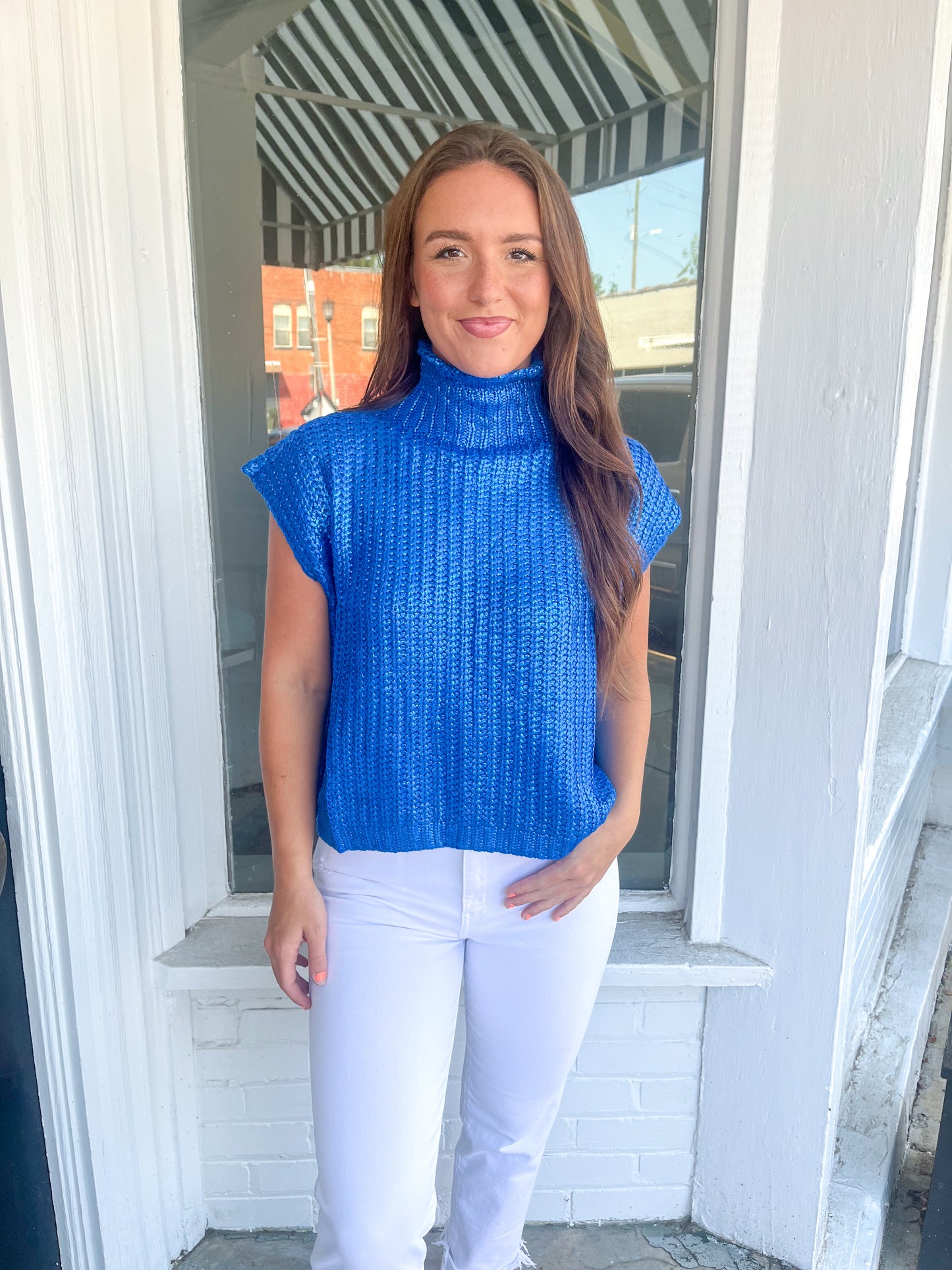 Avery Sleeveless Sweater in Metallic Blue