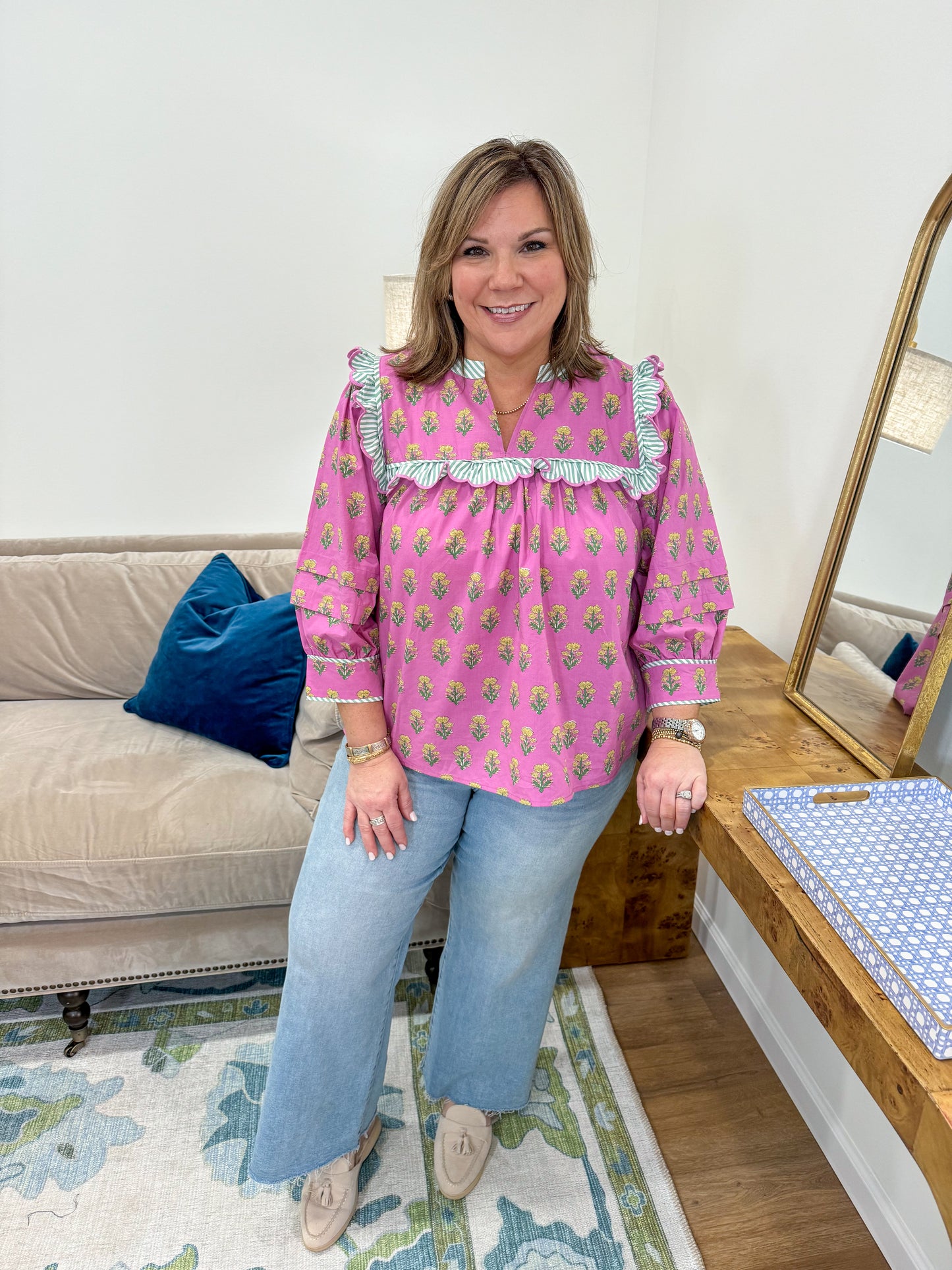 Sarah Top in Pink Block Print