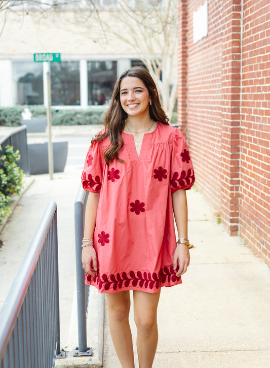 Flower Embroidery Mini Dress: Mauve