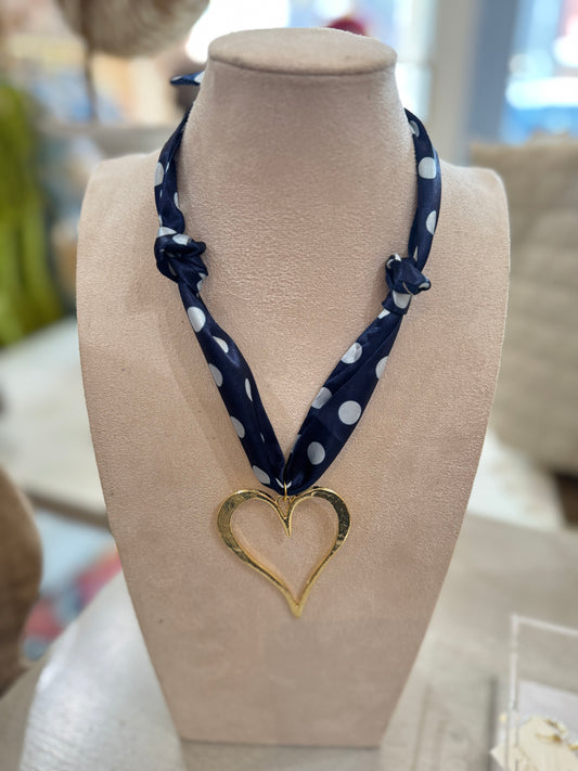 Chunky Heart Scarf Necklace in Navy Polka Dot