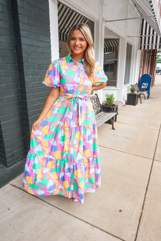 Sarah Midi Dress in Pink Multi